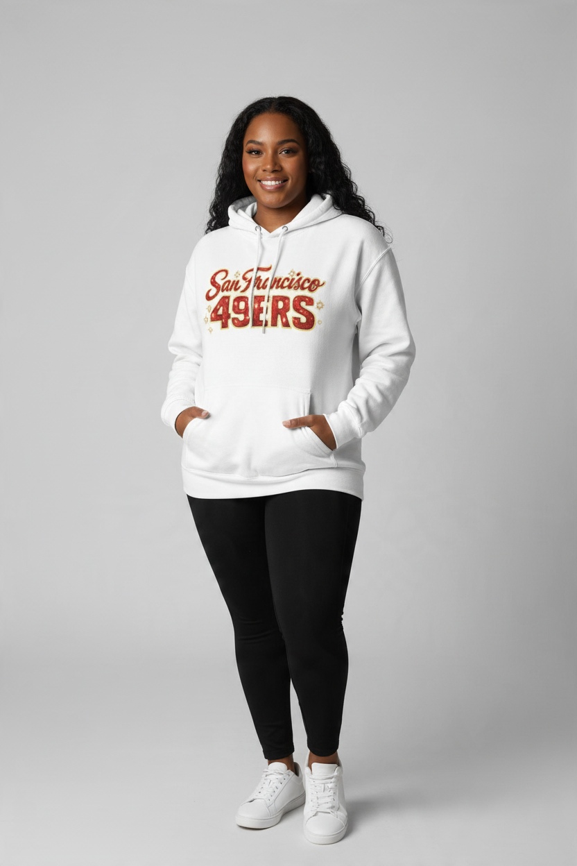 Throw it in the Bag white San Francisco 49ers fleece hoodie with script logo, kangaroo pocket, and adjustable hood.