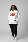 Throw it in the Bag white San Francisco 49ers fleece hoodie with script logo, kangaroo pocket, and adjustable hood.
