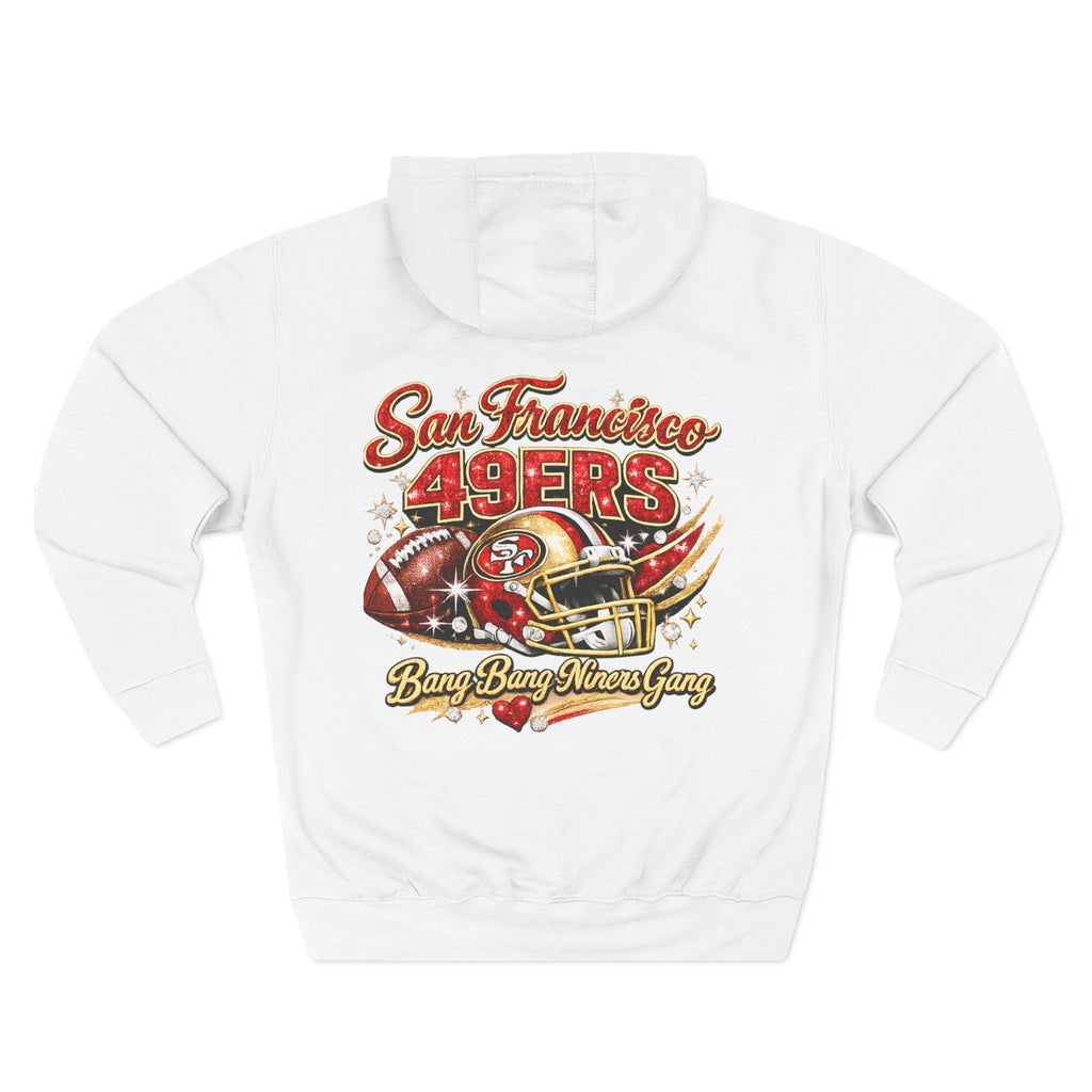 Throw it in the Bag white fleece hoodie featuring a vintage San Francisco 49ers football graphic on the back