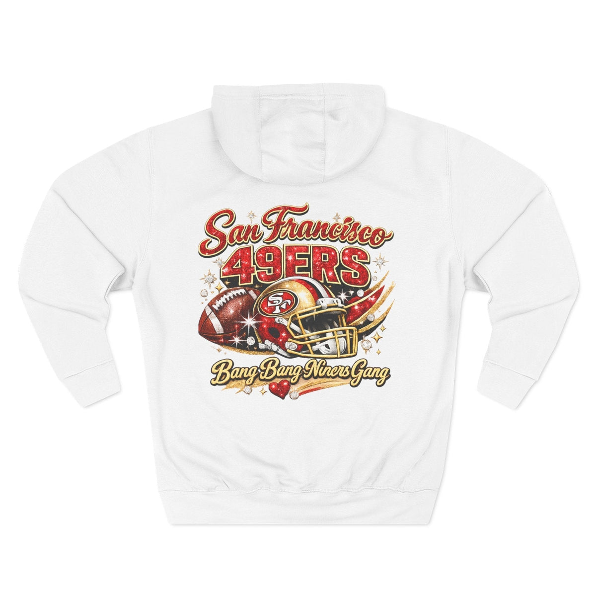 Throw it in the Bag white fleece hoodie featuring a vintage San Francisco 49ers football graphic on the back