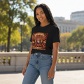 Woman wearing a black Throw it in the Bag San Francisco 49ers graphic t-shirt with vintage football team design