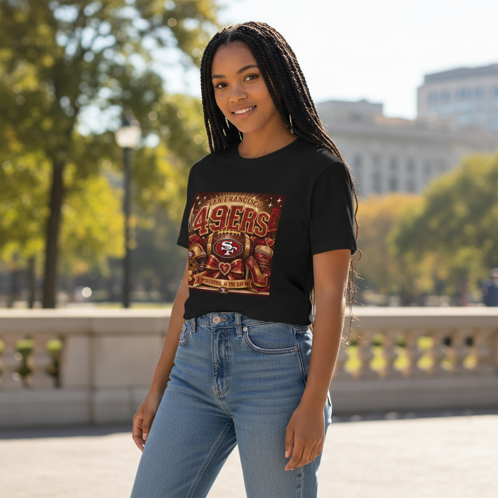 Woman wearing a black Throw it in the Bag San Francisco 49ers graphic t-shirt with vintage football team design