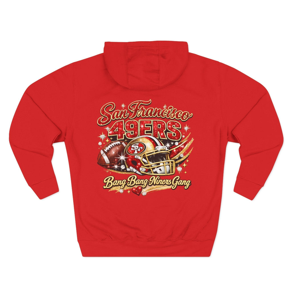 Throw it in the Bag San Francisco 49ers red fleece hoodie with vintage football helmet graphic on the back