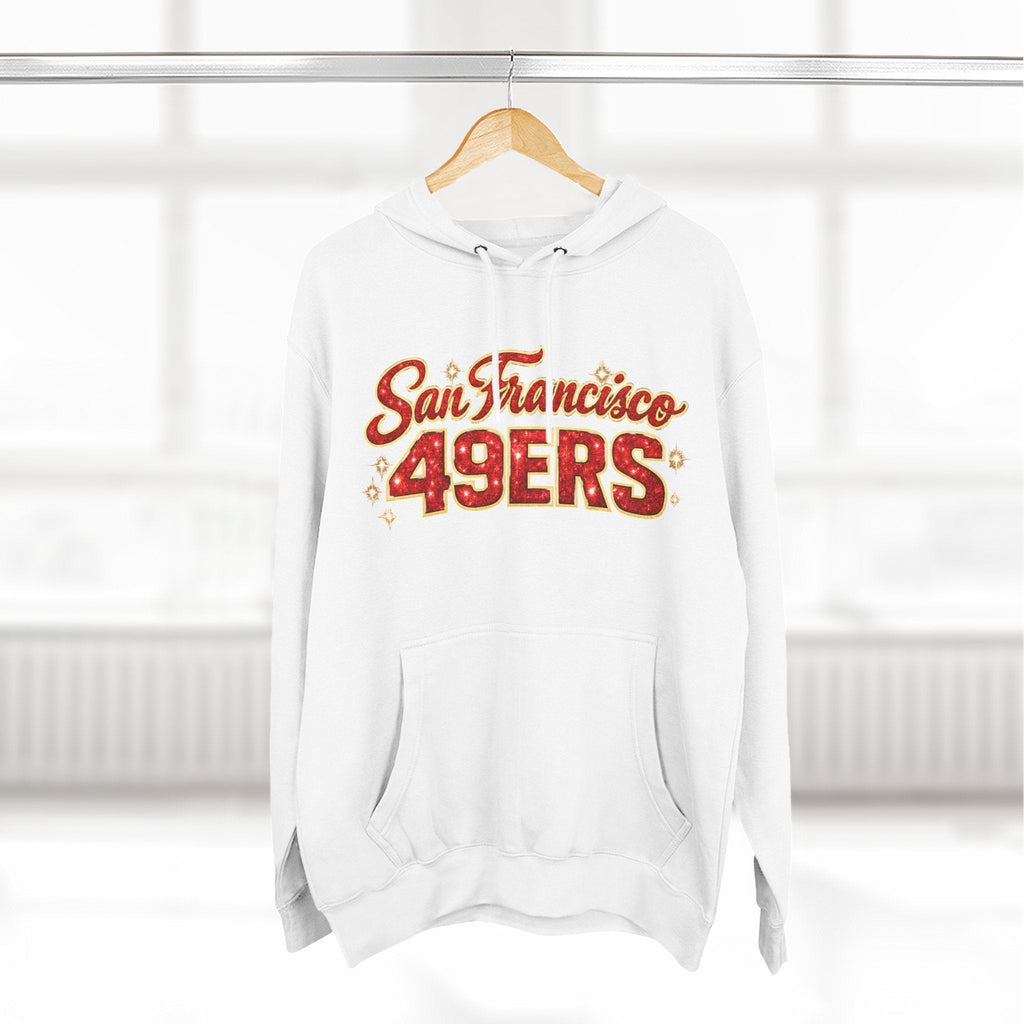 Throw it in the Bag white San Francisco 49ers fleece hoodie with red script logo and kangaroo pocket on a hanger
