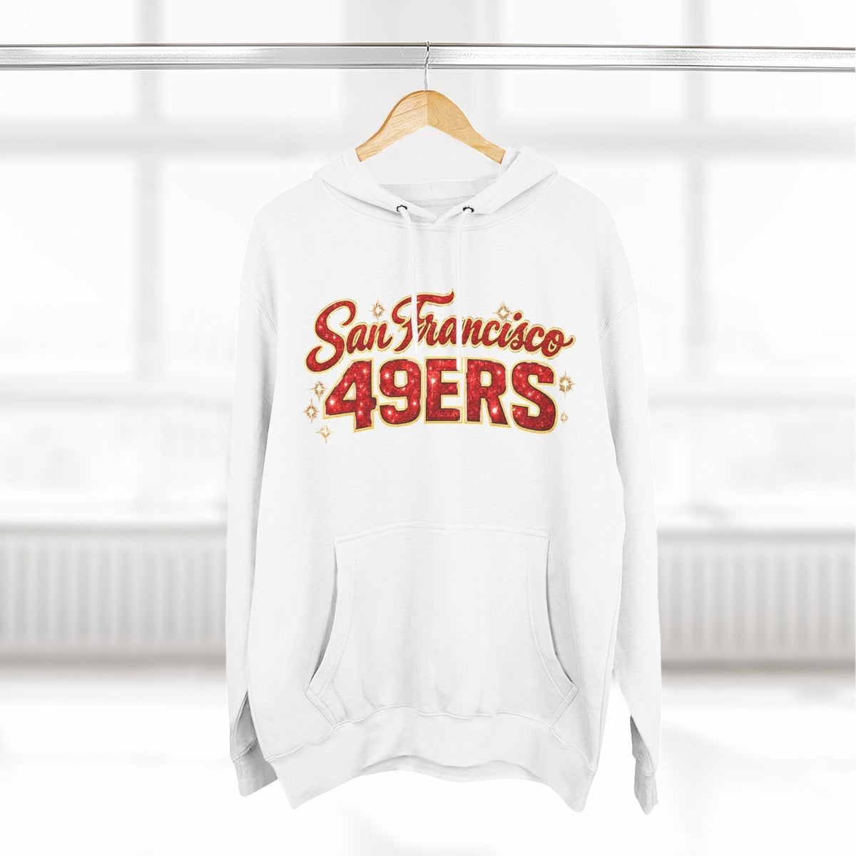 Throw it in the Bag white San Francisco 49ers fleece hoodie with red script logo and kangaroo pocket on a hanger