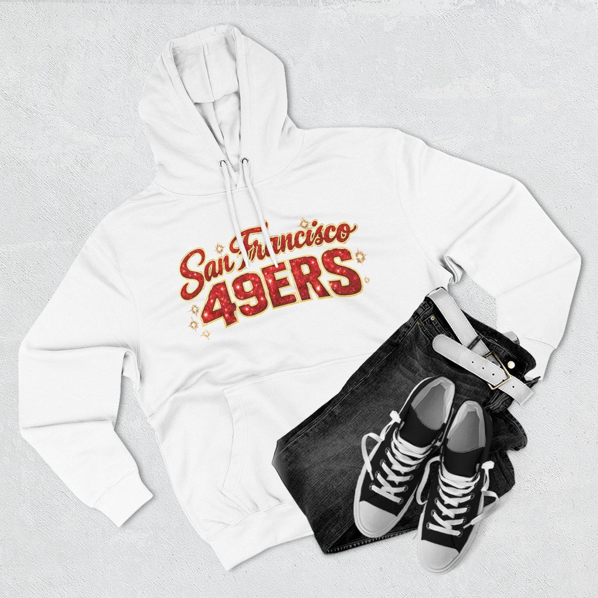 Throw it in the Bag San Francisco 49ers white fleece hoodie with red script logo, black jeans, and sneakers.