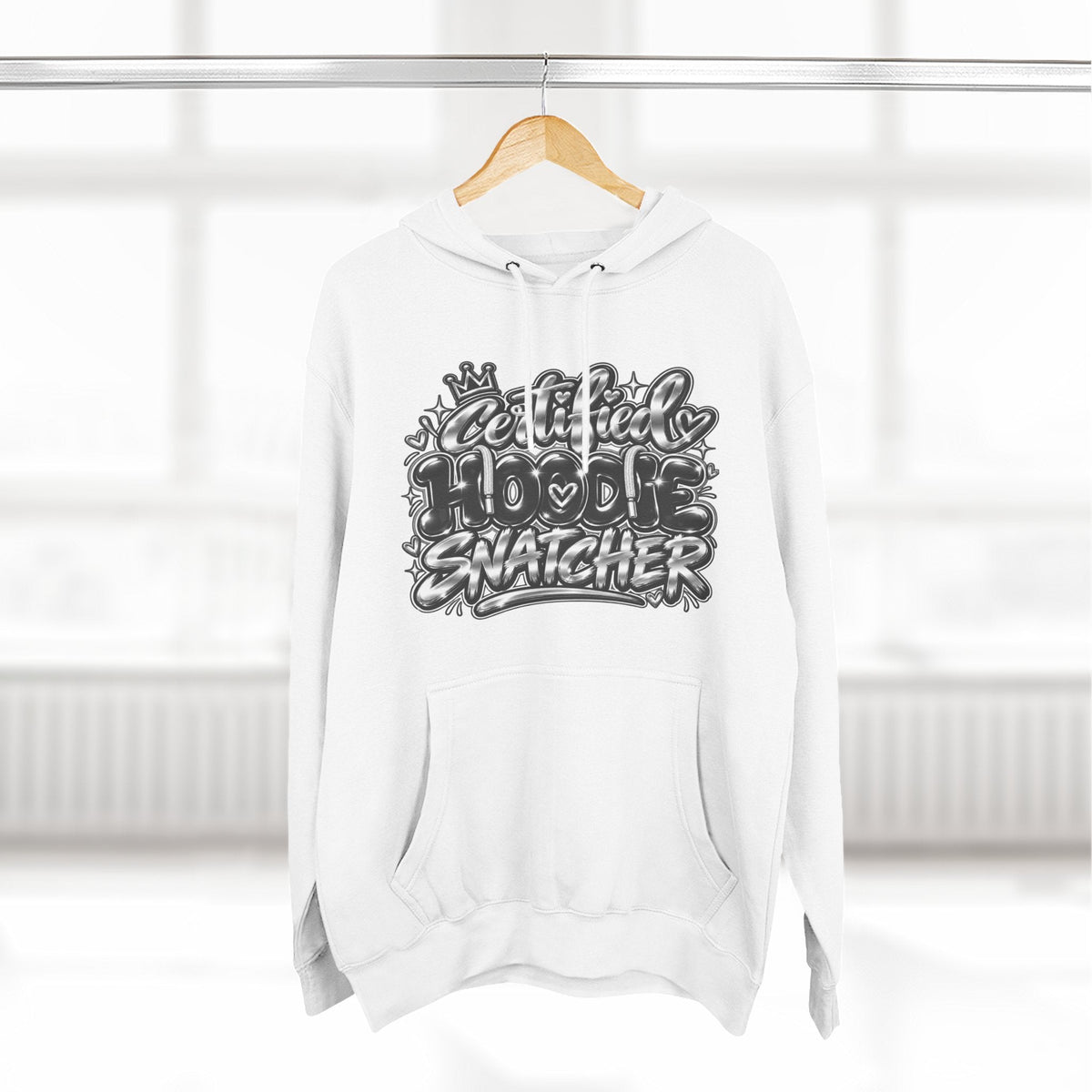 Throw it in the Bag white fleece hoodie featuring a black Certified Hoodie Snatcher graffiti graphic on the front