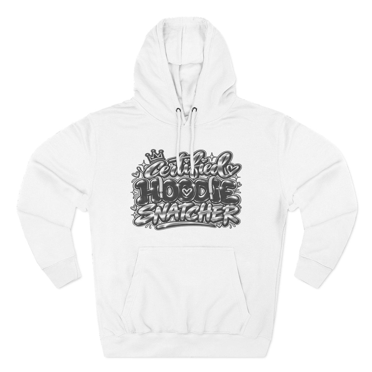 Throw it in the Bag white fleece hoodie with Certified Hoodie Snatcher graphic print and kangaroo pocket