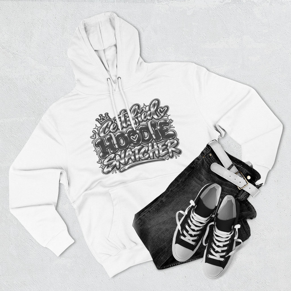 Throw it in the Bag white fleece hoodie with Certified Hoodie Snatcher graphic print, styled with black jeans