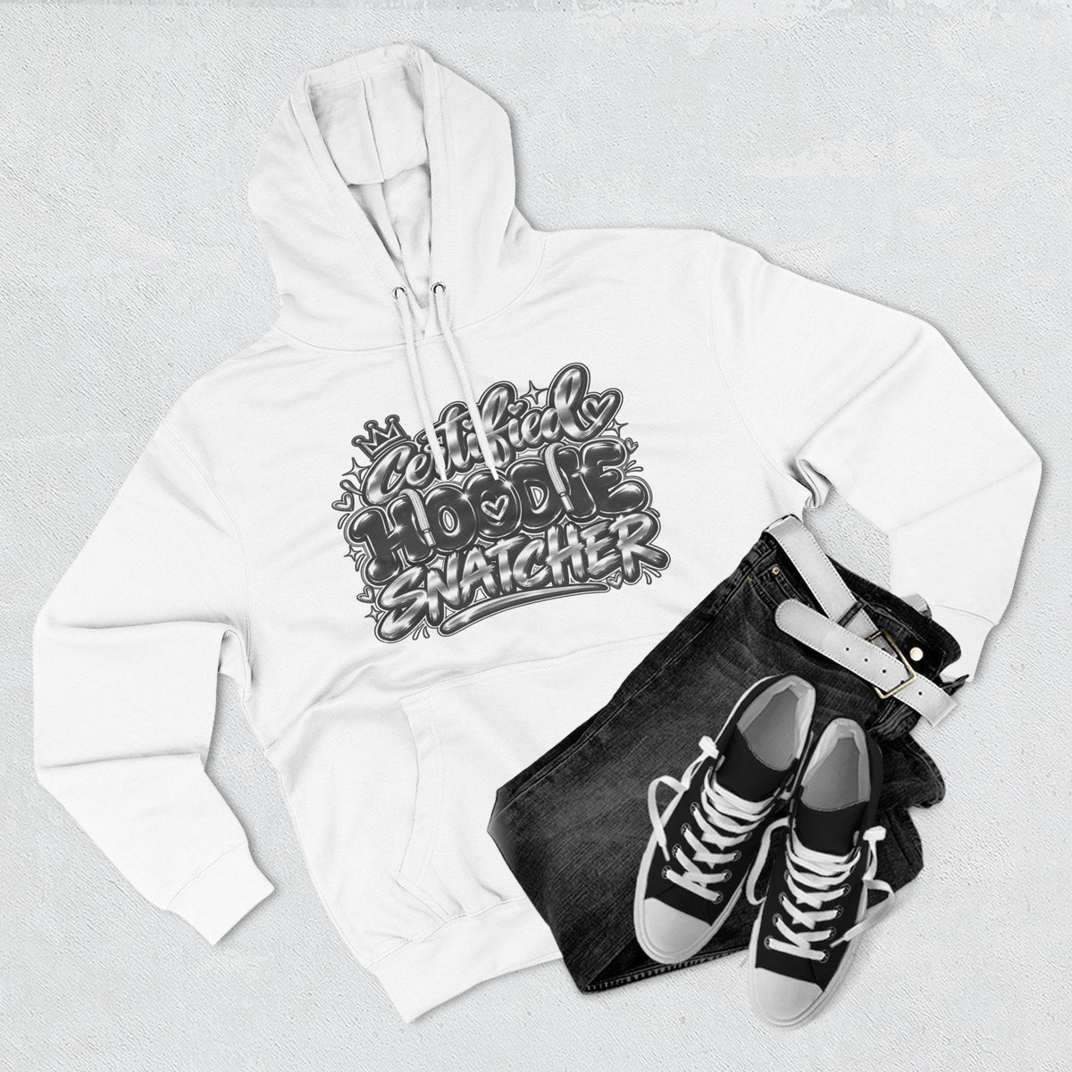 Throw it in the Bag white fleece hoodie with Certified Hoodie Snatcher graphic print, styled with black jeans